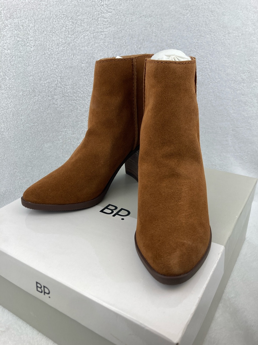 BP. Women’s Cognac Suede Heath Block Heel Bootie sz 7 NIB